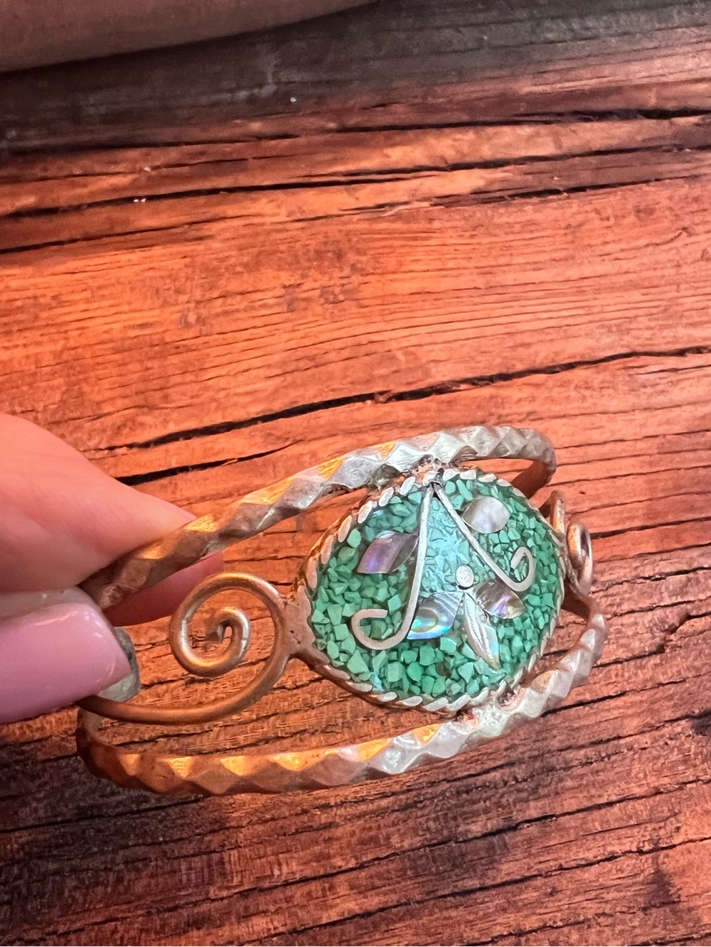 Handcrafted Turquoise  color Mosaic Silver Cuff Bracelet - Green Accent - Picture 2 of 6